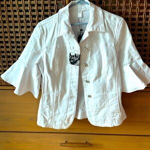 White Denim Button-Up Jacket with Flared Sleeves